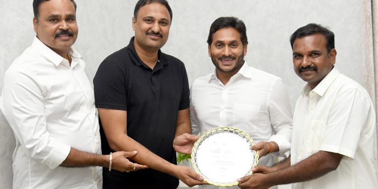 Chief Minister YS Jagan along with AP's startup company Aqua Exchange Co founder Bandi Kiran Kumar and CEO Pawan Krishna