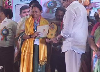 Sha Salma Receiving BESTTeacher Award from Education Minister Botcha Satyanarayana