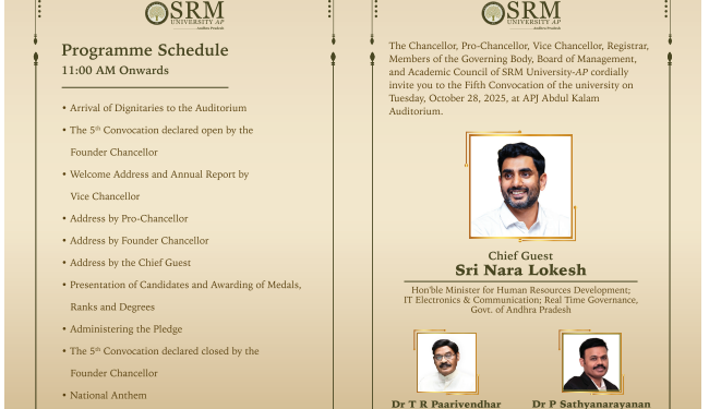IT, Education RTGS Minister, Nara Lokesh to attend SRM-University AP’s 5th convocation Function as chief guest