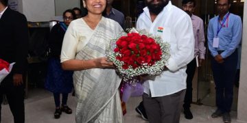 Union Minister of Labour and Employment Shobha Karandlaje who arrived in Vijayawada to participate in the 3rd regional conference