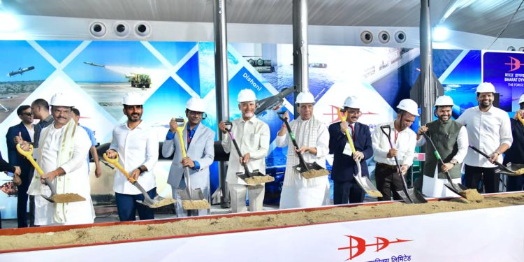 CM Chandrababu Naidu, Defence Minister Rajnath Singh, and Minister Nara Lokesh laid the foundation stone for the Advanced Medium Combat Aircraft project in Puttaparthi, Sri Sathya Sai District.